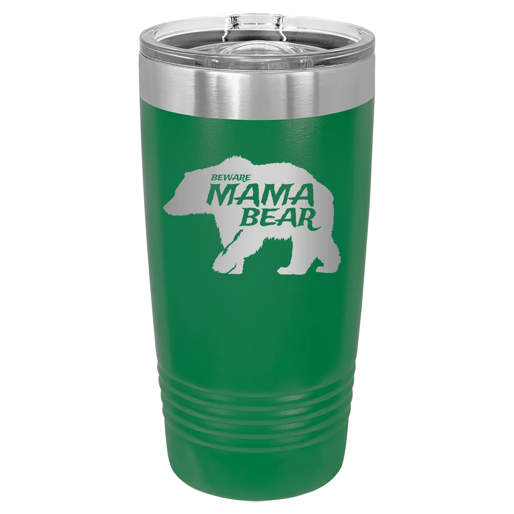 Laser etched green 20 oz vacuum insulated tumbler with 'Beware Mama Bear' design