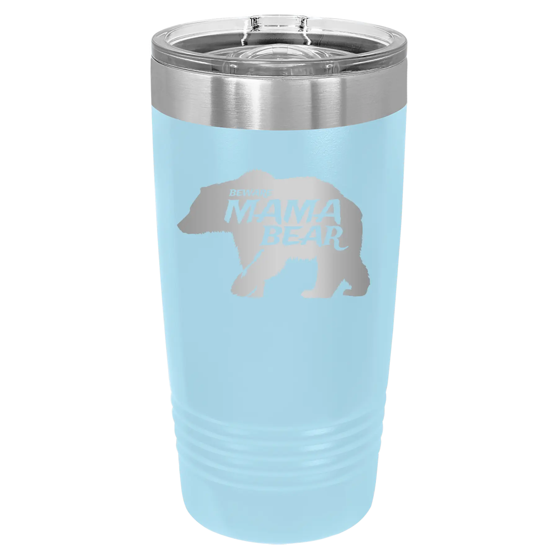 Laser etched light blue 20 oz vacuum insulated tumbler with 'Beware Mama Bear' design