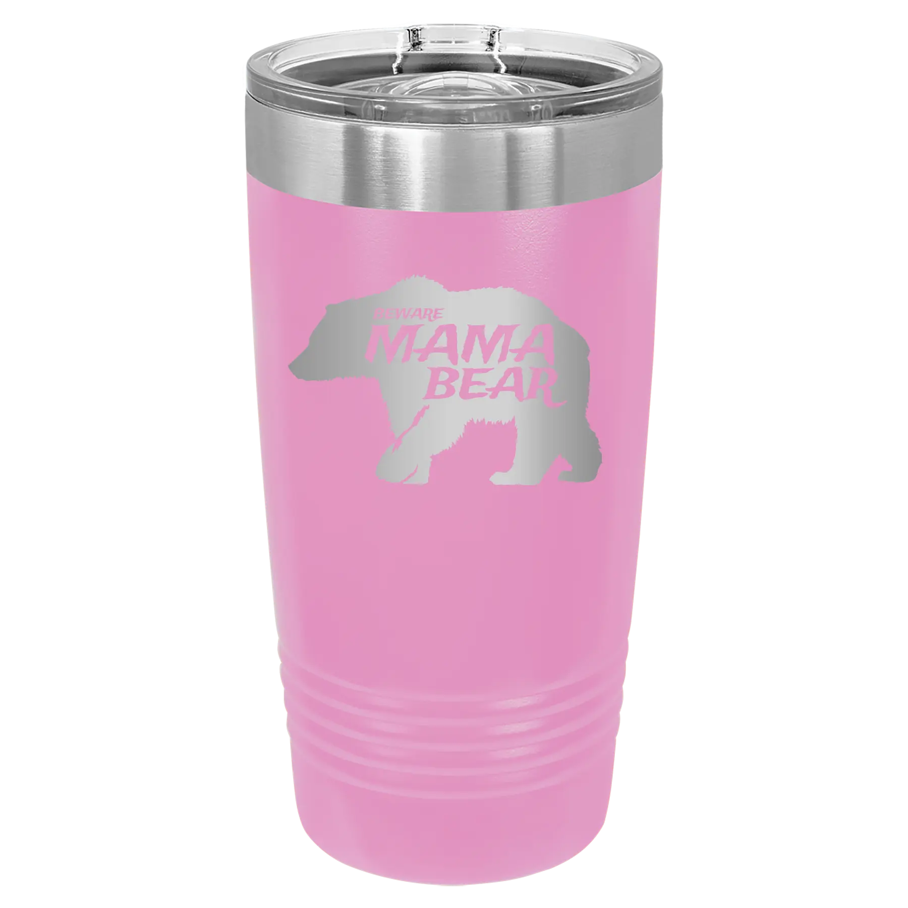 Laser etched light purple 20 oz vacuum insulated tumbler with 'Beware Mama Bear' design