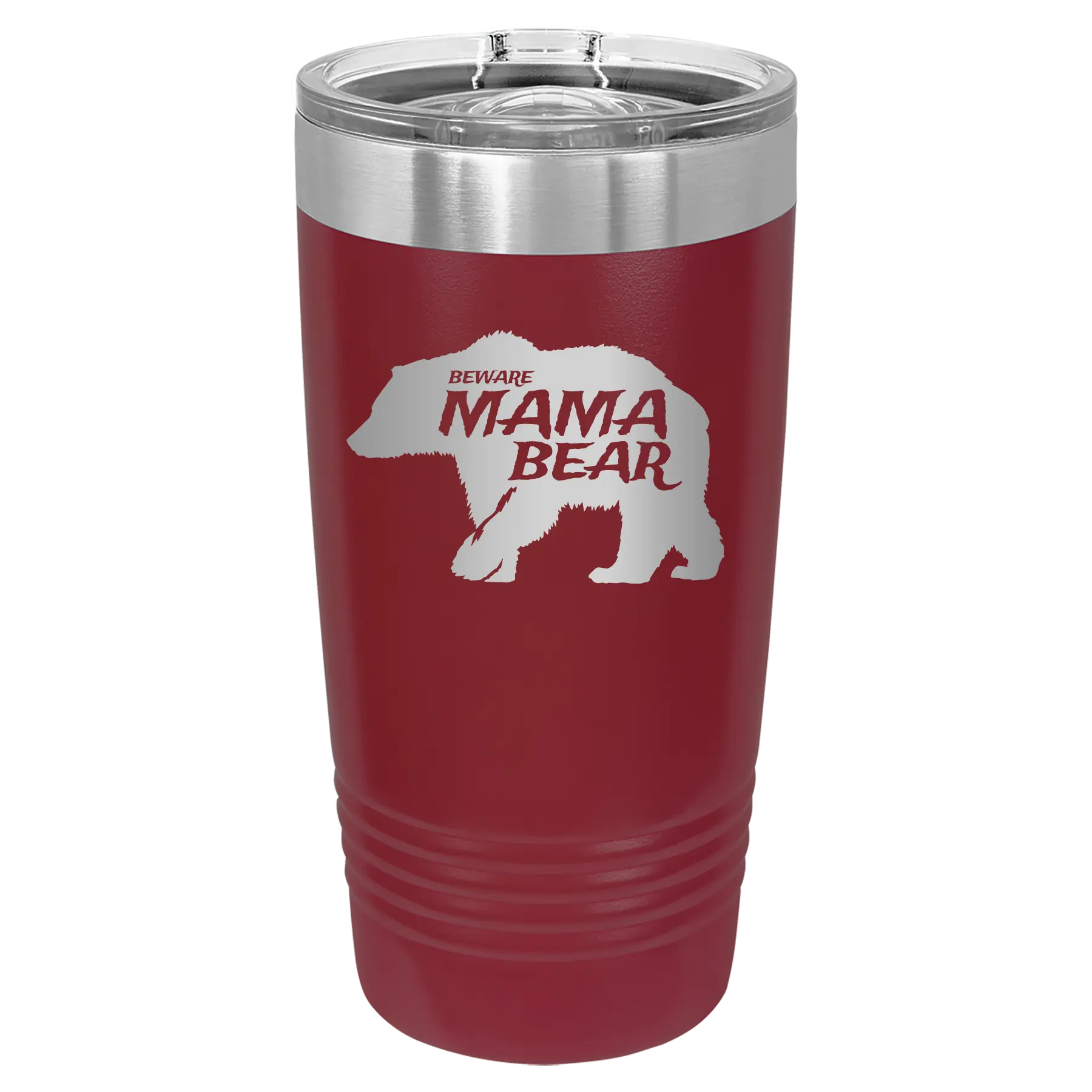 Laser etched maroon 20 oz vacuum insulated tumbler with 'Beware Mama Bear' design