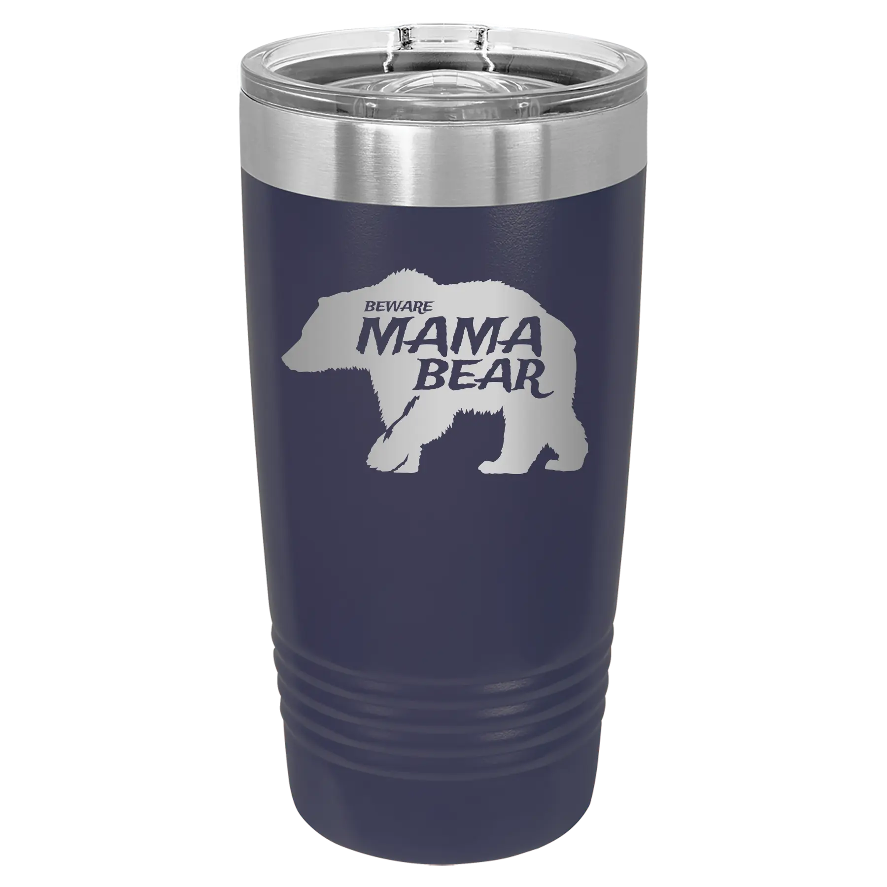 Laser etched navy 20 oz vacuum insulated tumbler with 'Beware Mama Bear' design