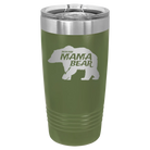 Laser etched olive green 20 oz vacuum insulated tumbler with 'Beware Mama Bear' design