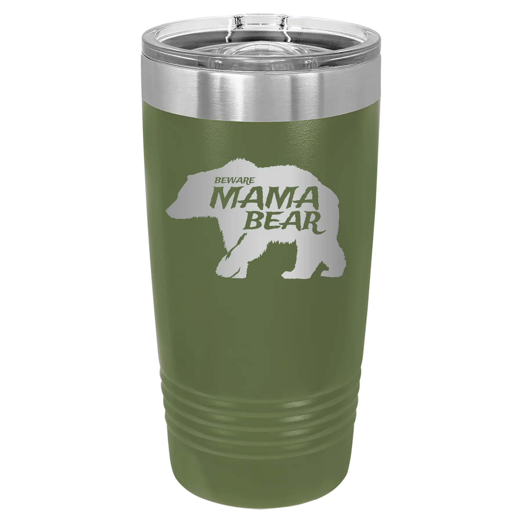 Laser etched olive green 20 oz vacuum insulated tumbler with 'Beware Mama Bear' design
