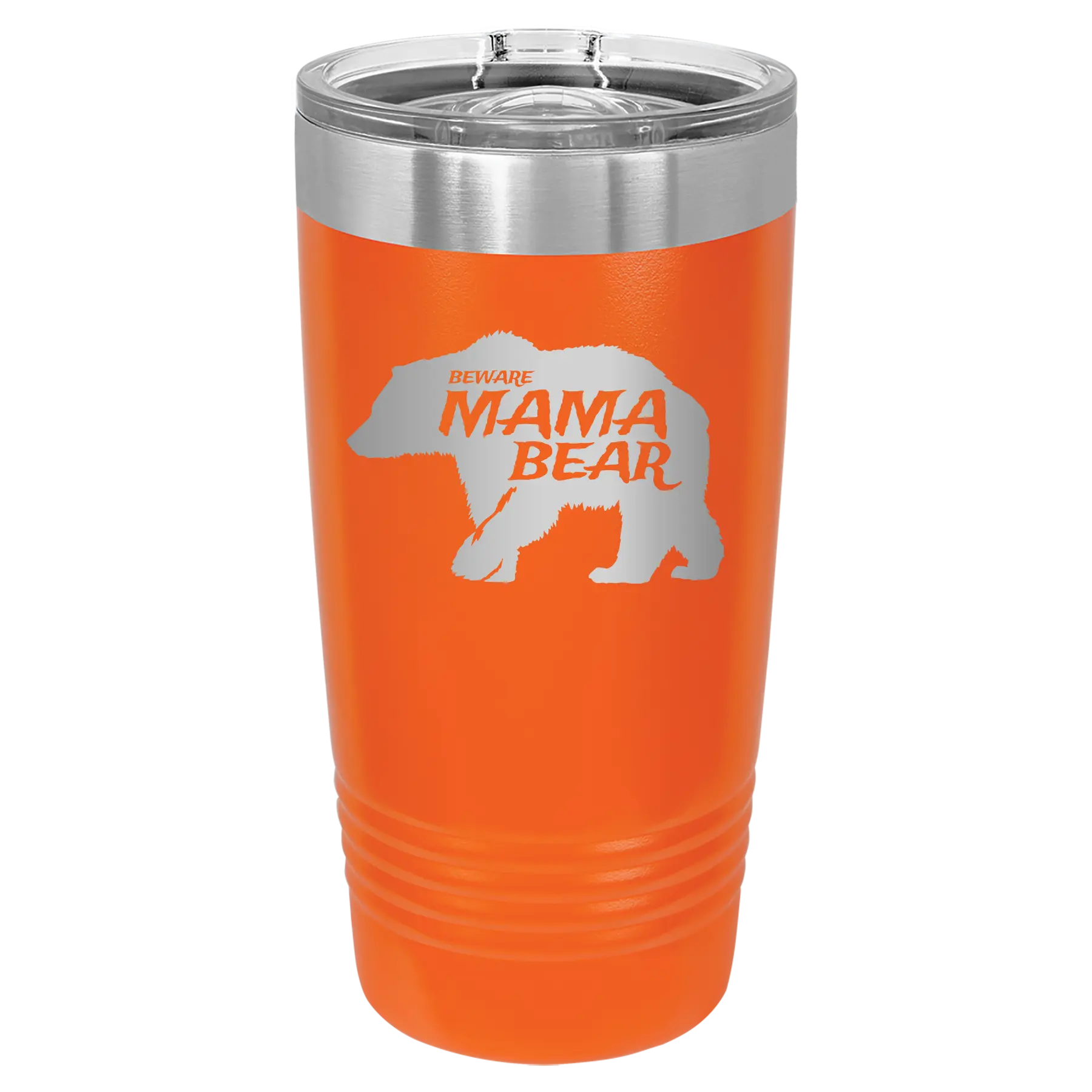 Laser etched orange 20 oz vacuum insulated tumbler with 'Beware Mama Bear' design