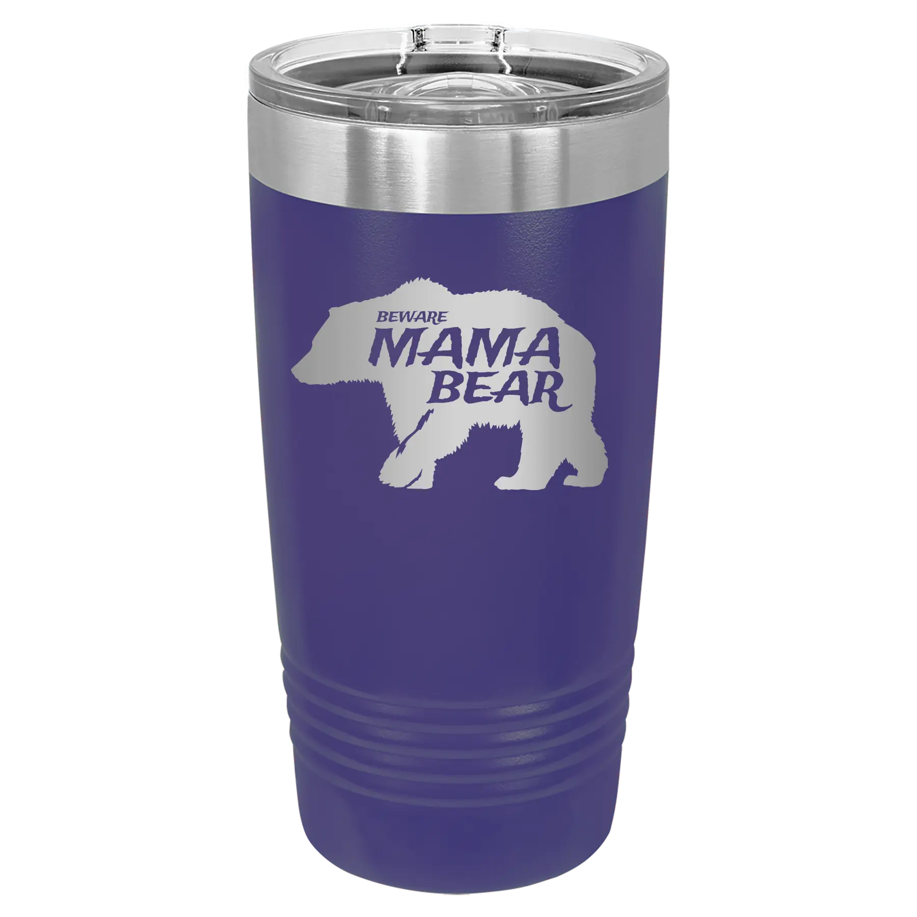 Laser etched purple 20 oz vacuum insulated tumbler with 'Beware Mama Bear' design