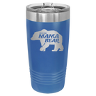 Laser etched royal blue 20 oz vacuum insulated tumbler with 'Beware Mama Bear' design