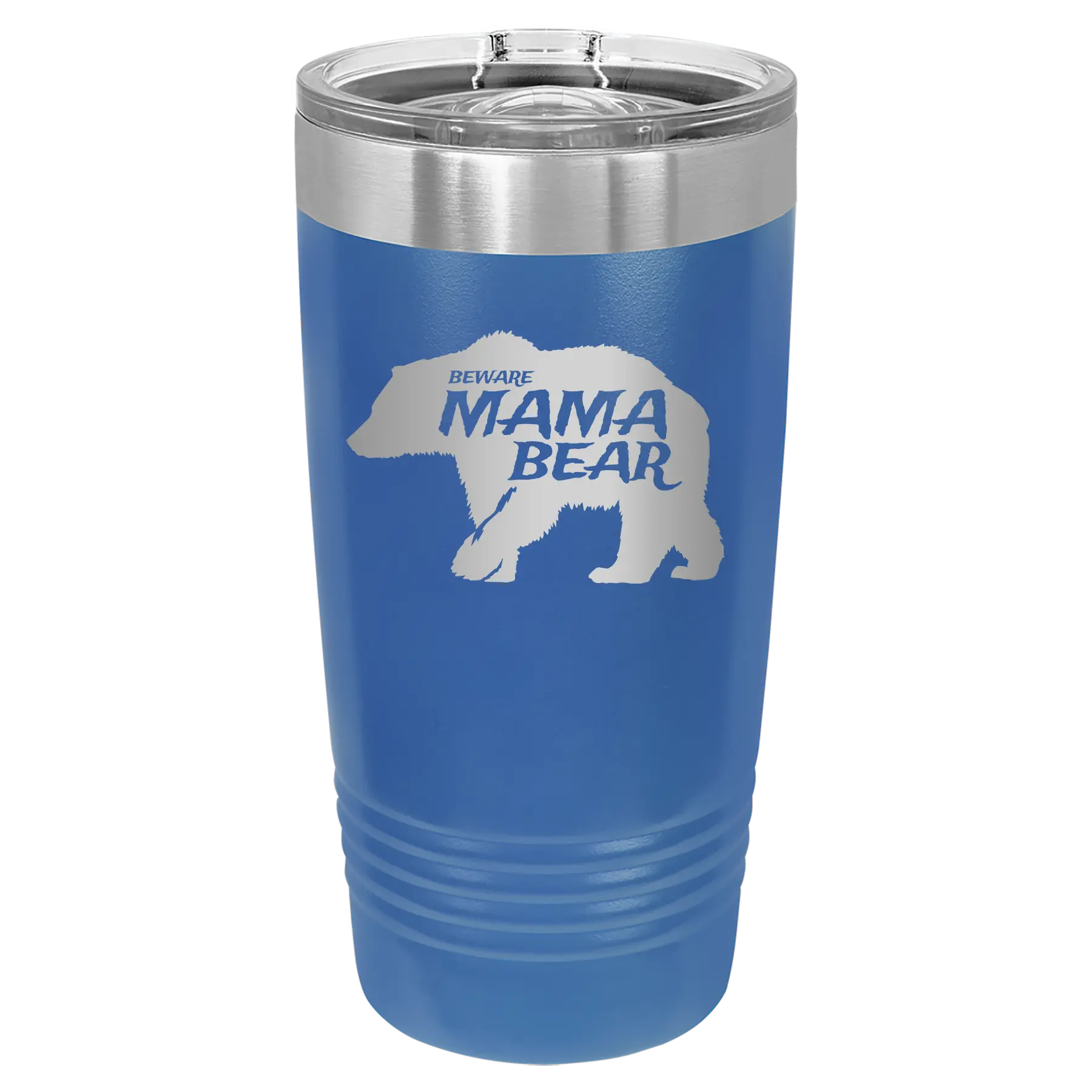 Laser etched royal blue 20 oz vacuum insulated tumbler with 'Beware Mama Bear' design