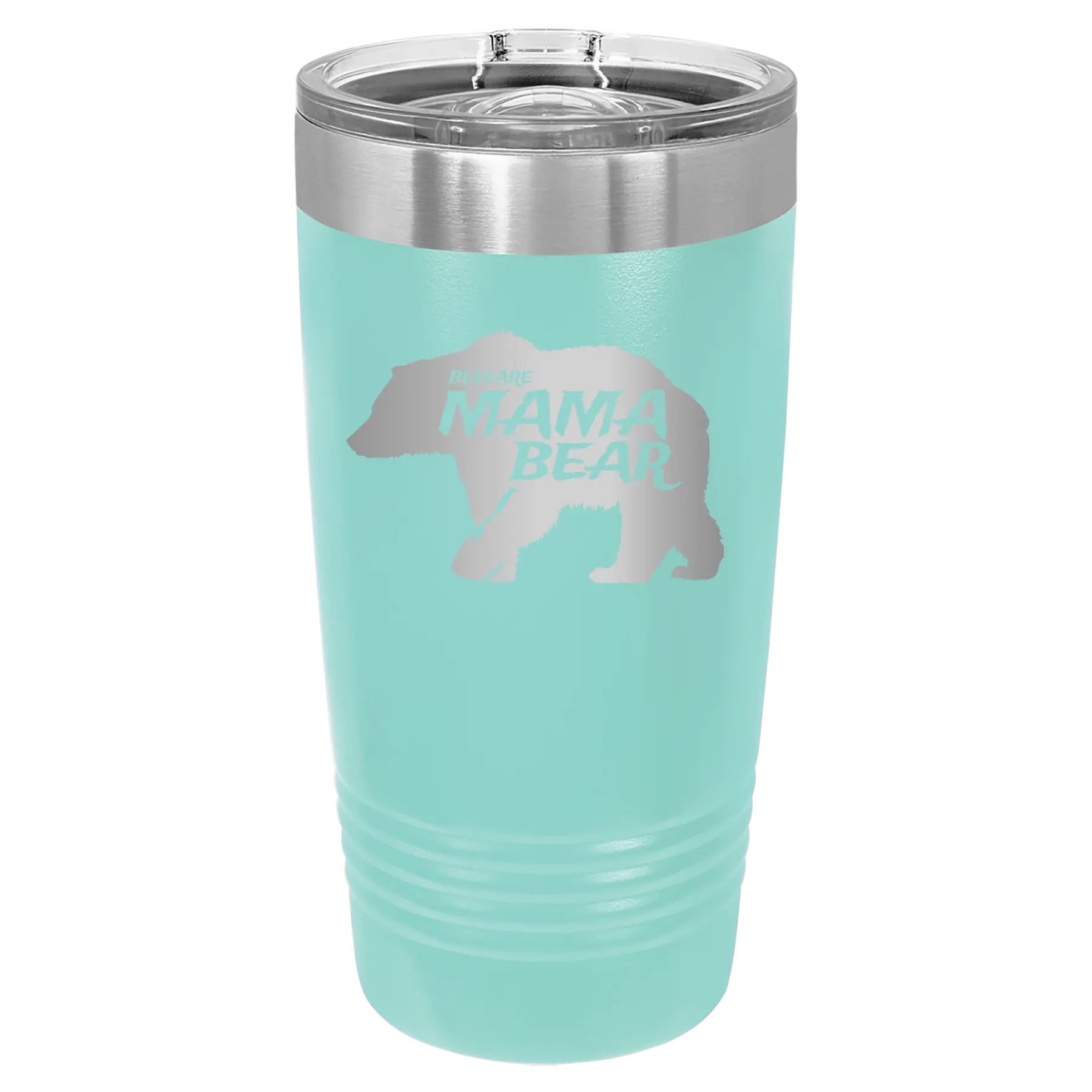 Laser etched teal 20 oz vacuum insulated tumbler with 'Beware Mama Bear' design