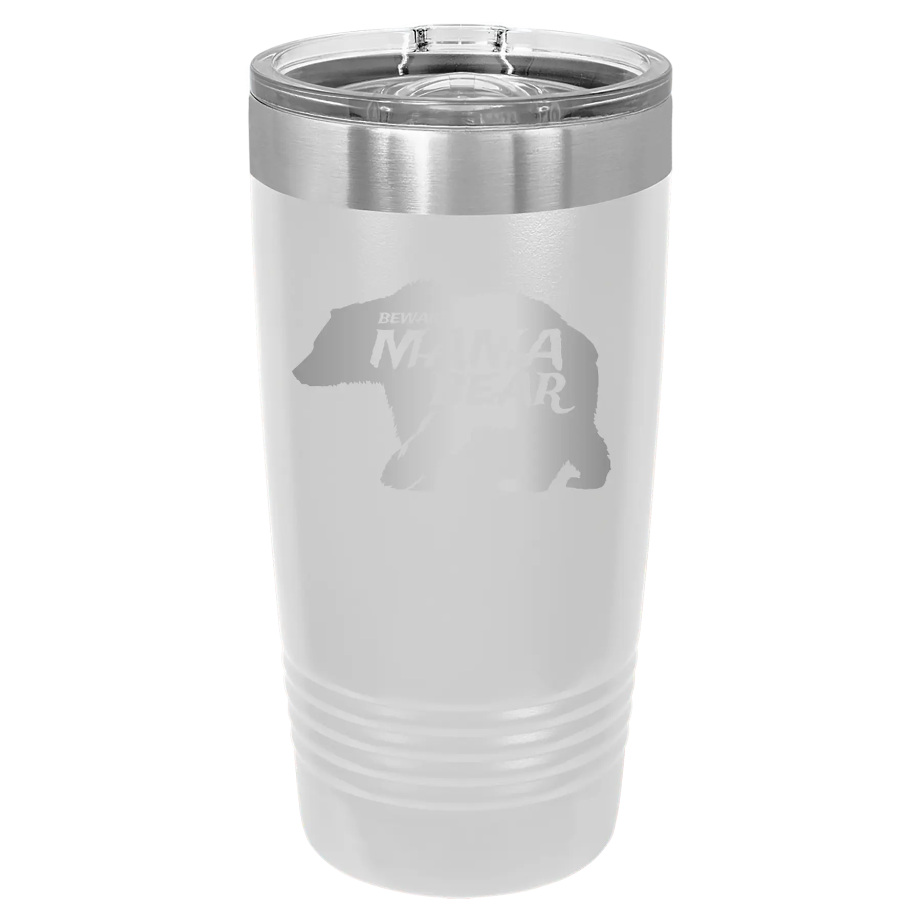 Laser etched white 20 oz vacuum insulated tumbler with 'Beware Mama Bear' design