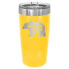 Laser etched yellow 20 oz vacuum insulated tumbler with 'Beware Mama Bear' design