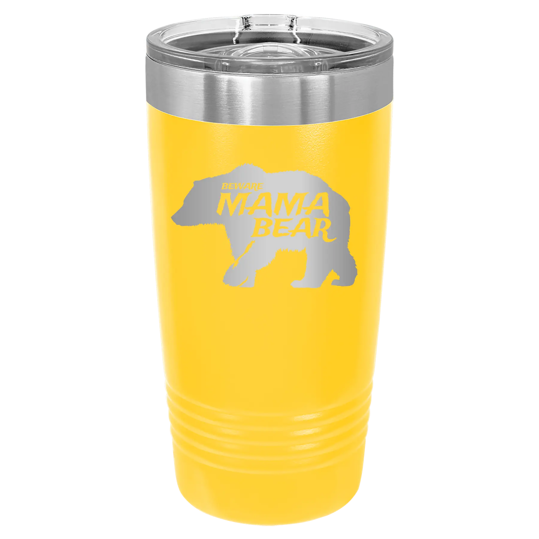 Laser etched yellow 20 oz vacuum insulated tumbler with 'Beware Mama Bear' design