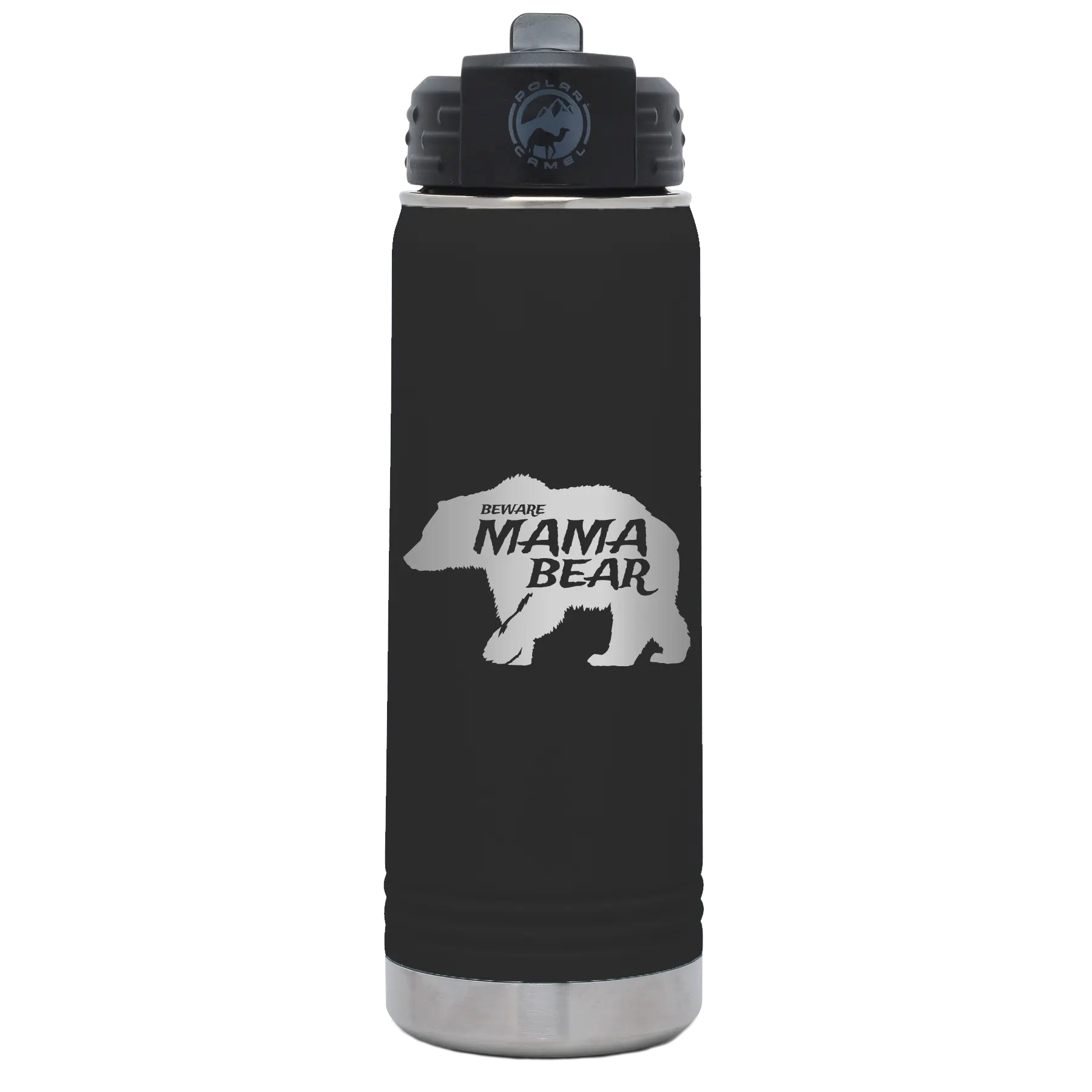 Laser etched black 20 oz vacuum insulated water bottle with 'Beware Mama Bear' design