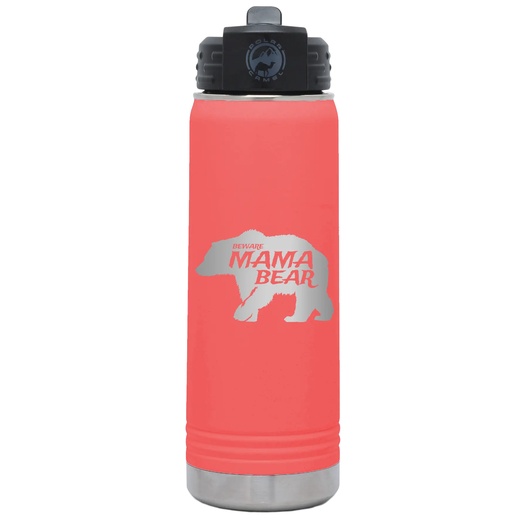 Laser etched coral 20 oz vacuum insulated water bottle with 'Beware Mama Bear' design