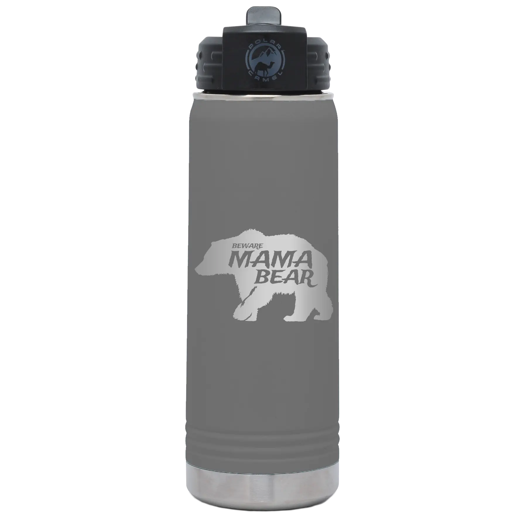Laser etched dark gray 20 oz vacuum insulated water bottle with 'Beware Mama Bear' design