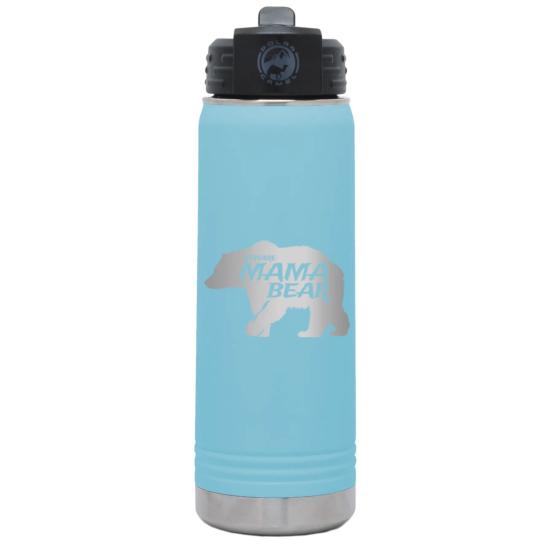 Laser etched light blue 20 oz vacuum insulated water bottle with 'Beware Mama Bear' design