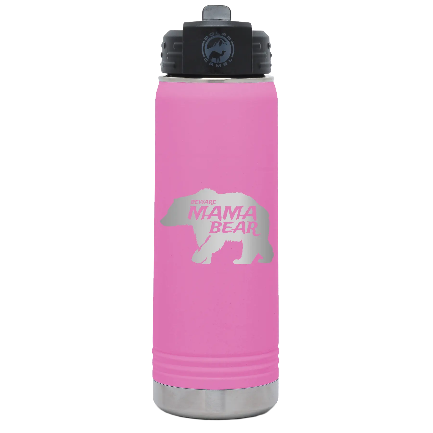 Laser etched light purple 20 oz vacuum insulated water bottle with 'Beware Mama Bear' design