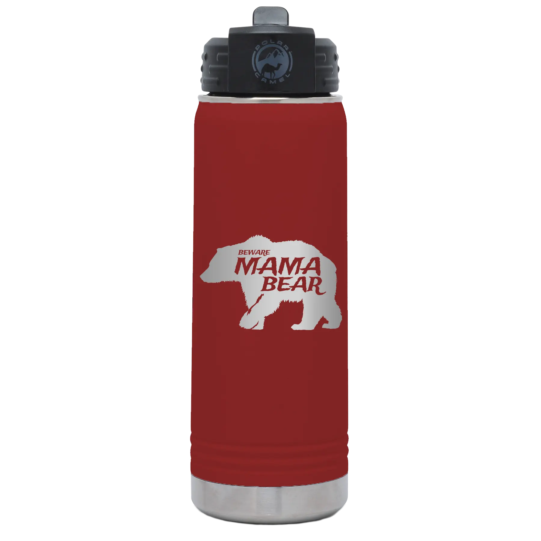 Laser etched maroon 20 oz vacuum insulated water bottle with 'Beware Mama Bear' design