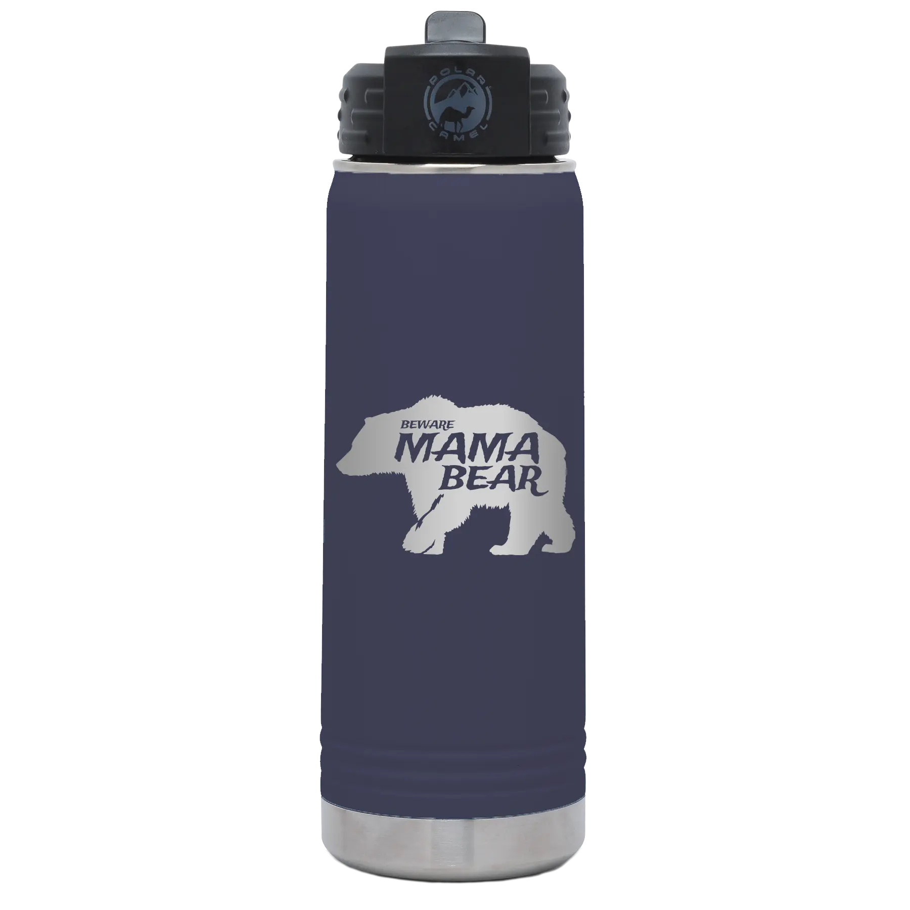 Laser etched navy 20 oz vacuum insulated water bottle with 'Beware Mama Bear' design