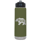 Laser etched olive green 20 oz vacuum insulated water bottle with 'Beware Mama Bear' design