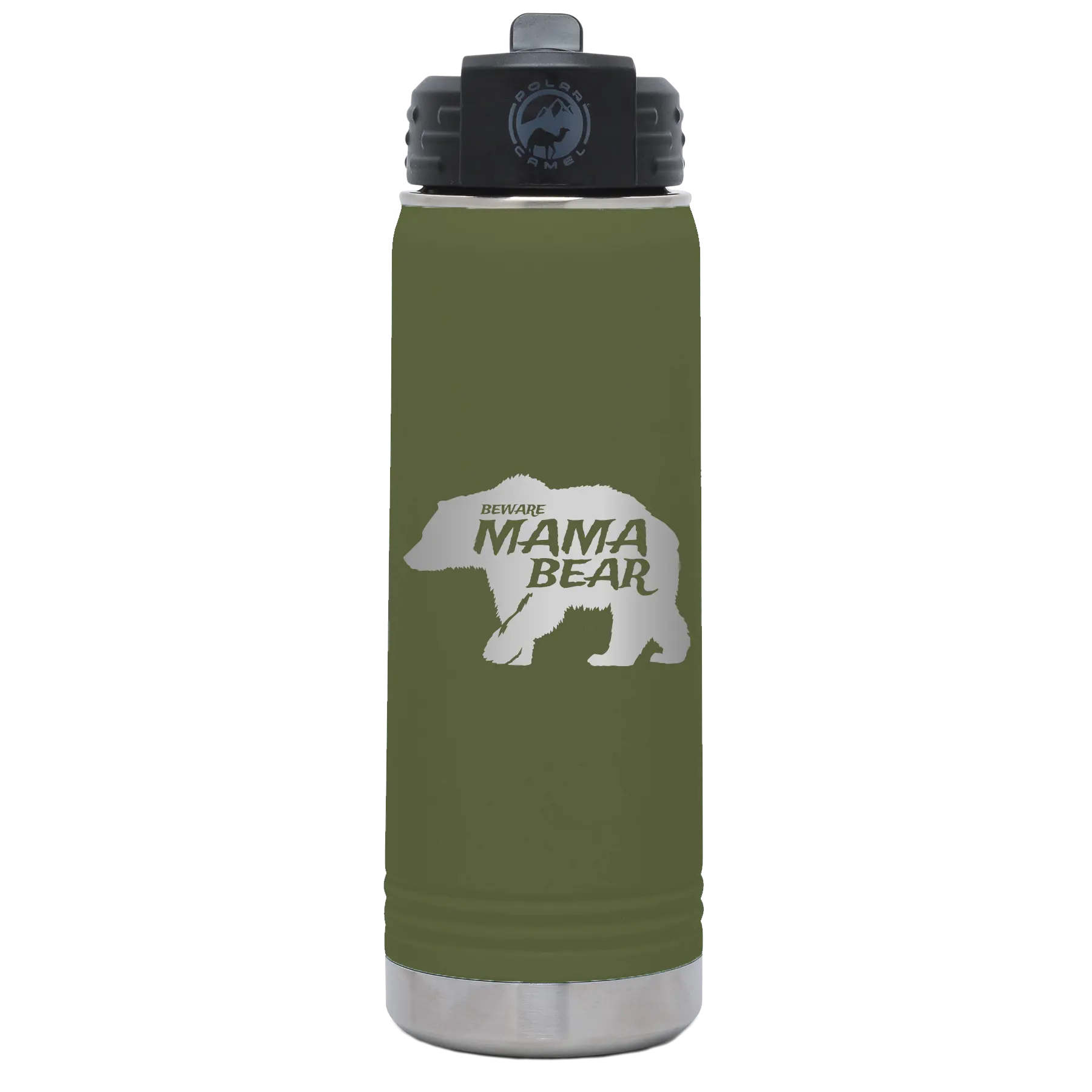 Laser etched olive green 20 oz vacuum insulated water bottle with 'Beware Mama Bear' design