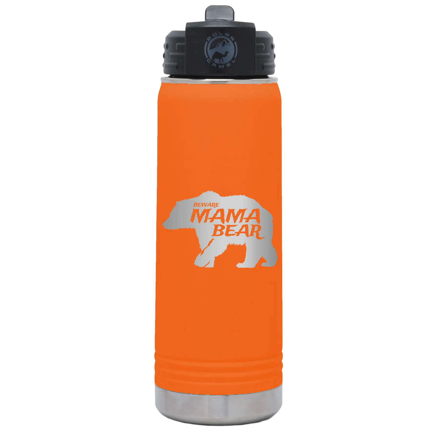 Laser etched orange 20 oz vacuum insulated water bottle with 'Beware Mama Bear' design