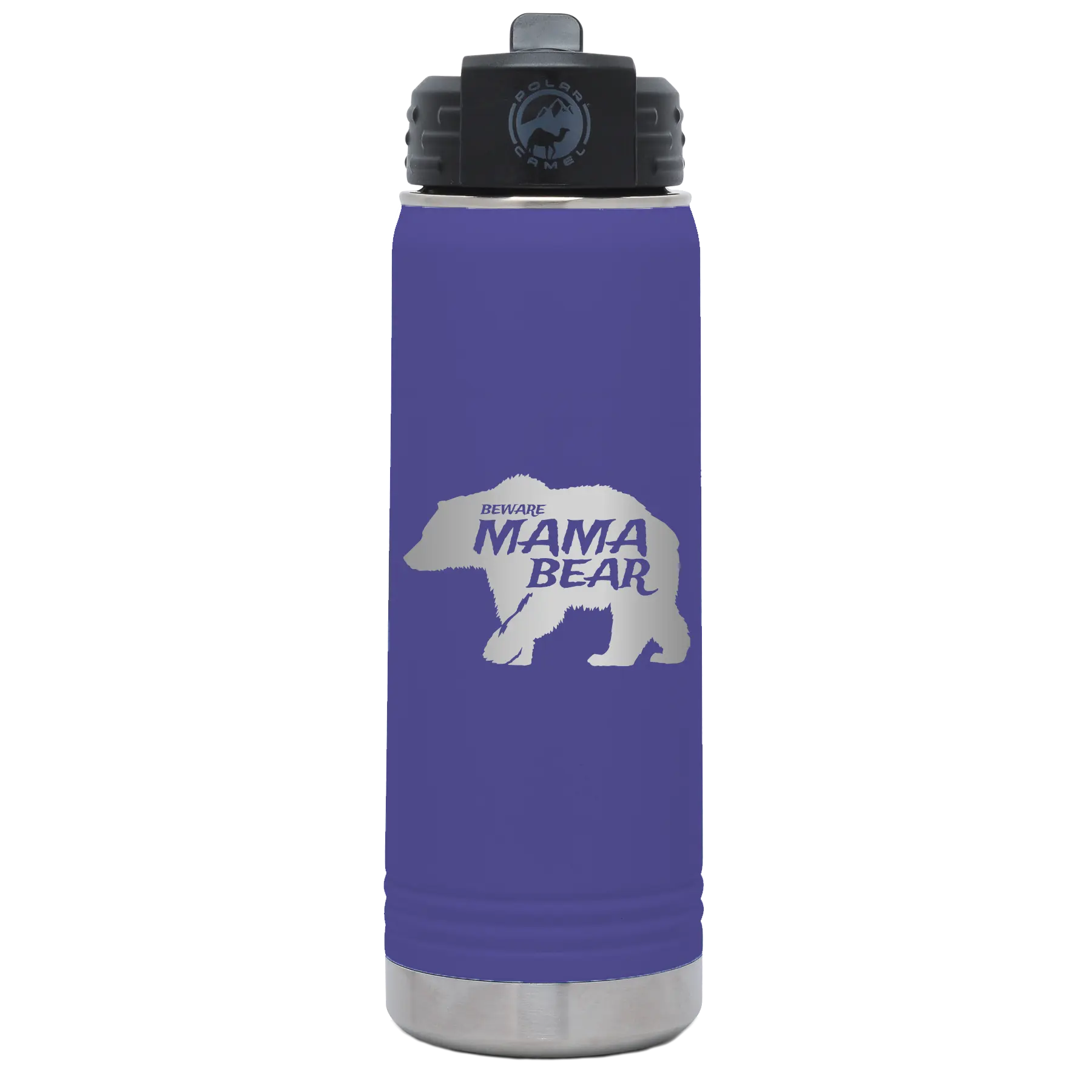 Laser etched purple 20 oz vacuum insulated water bottle with 'Beware Mama Bear' design