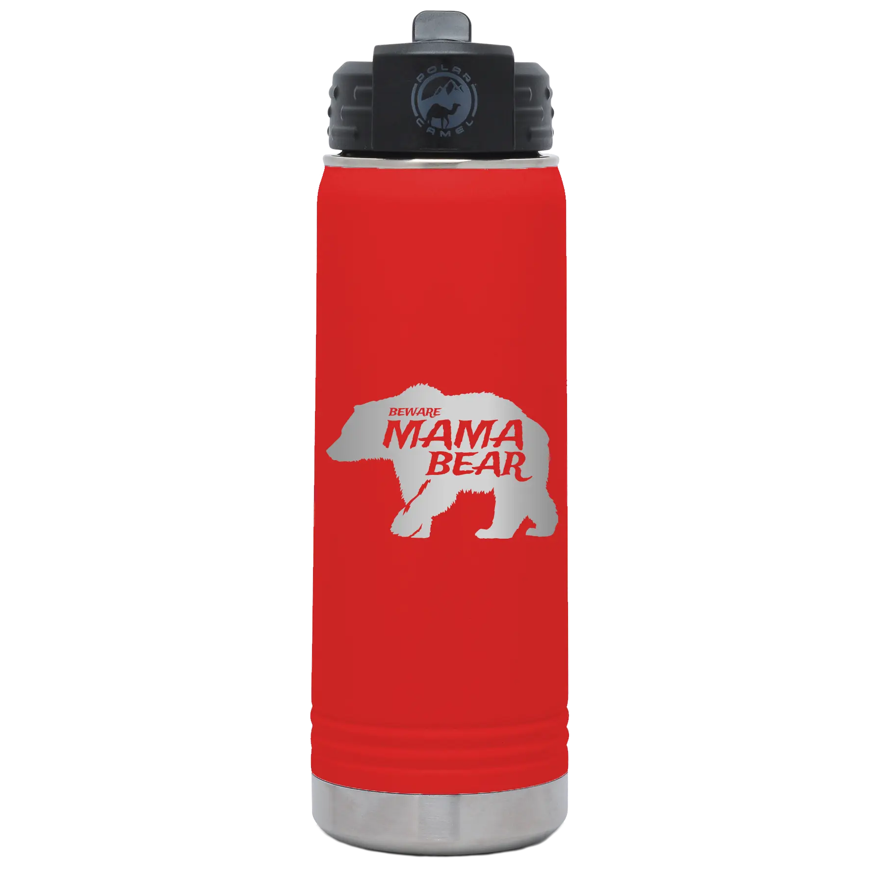 Laser etched red 20 oz vacuum insulated water bottle with 'Beware Mama Bear' design