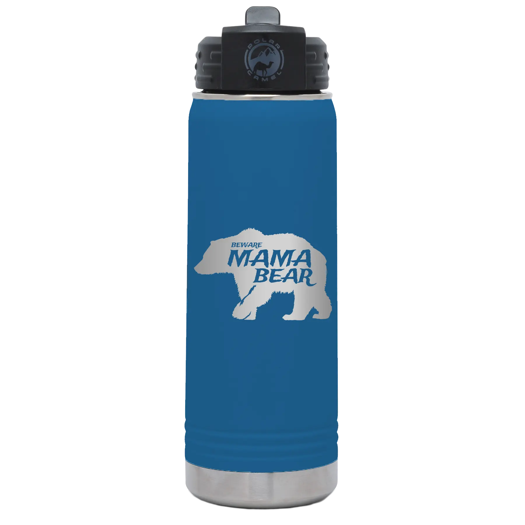 Laser etched royal blue 20 oz vacuum insulated water bottle with 'Beware Mama Bear' design