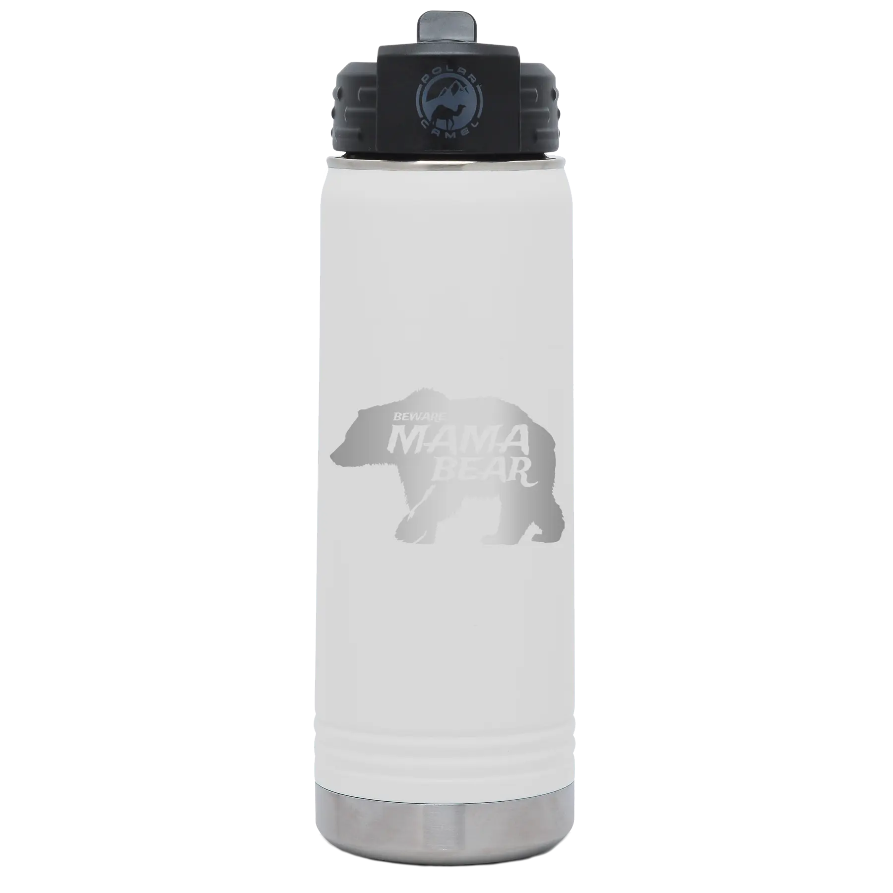 Laser etched white 20 oz vacuum insulated water bottle with 'Beware Mama Bear' design