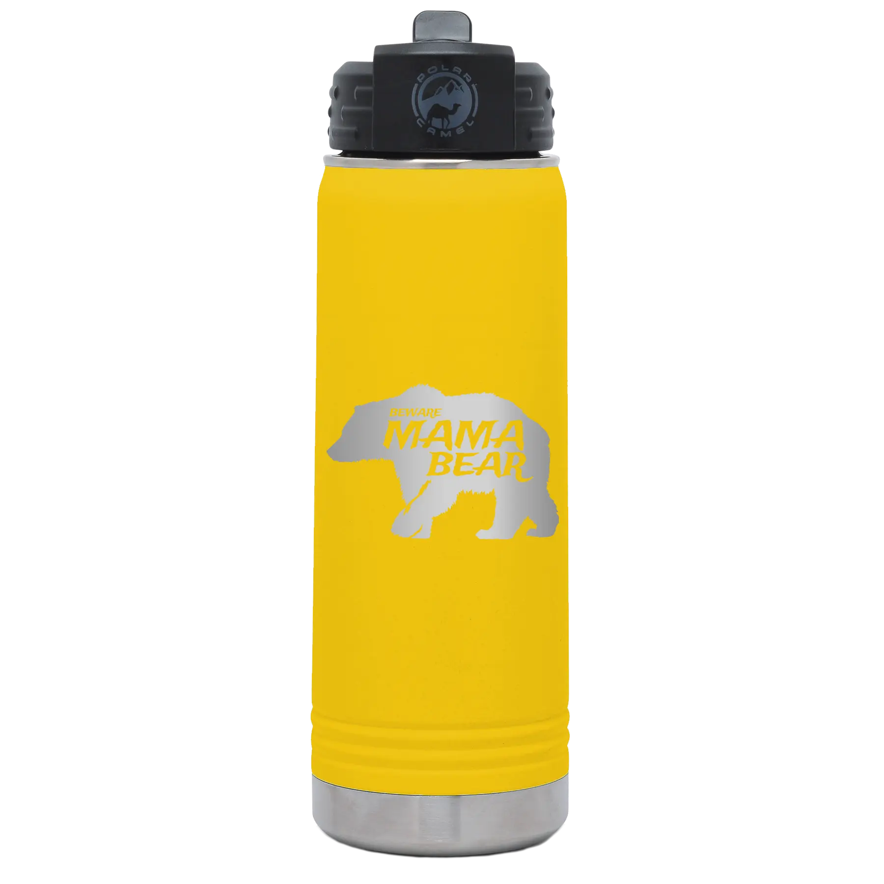 Laser etched yellow 20 oz vacuum insulated water bottle with 'Beware Mama Bear' design