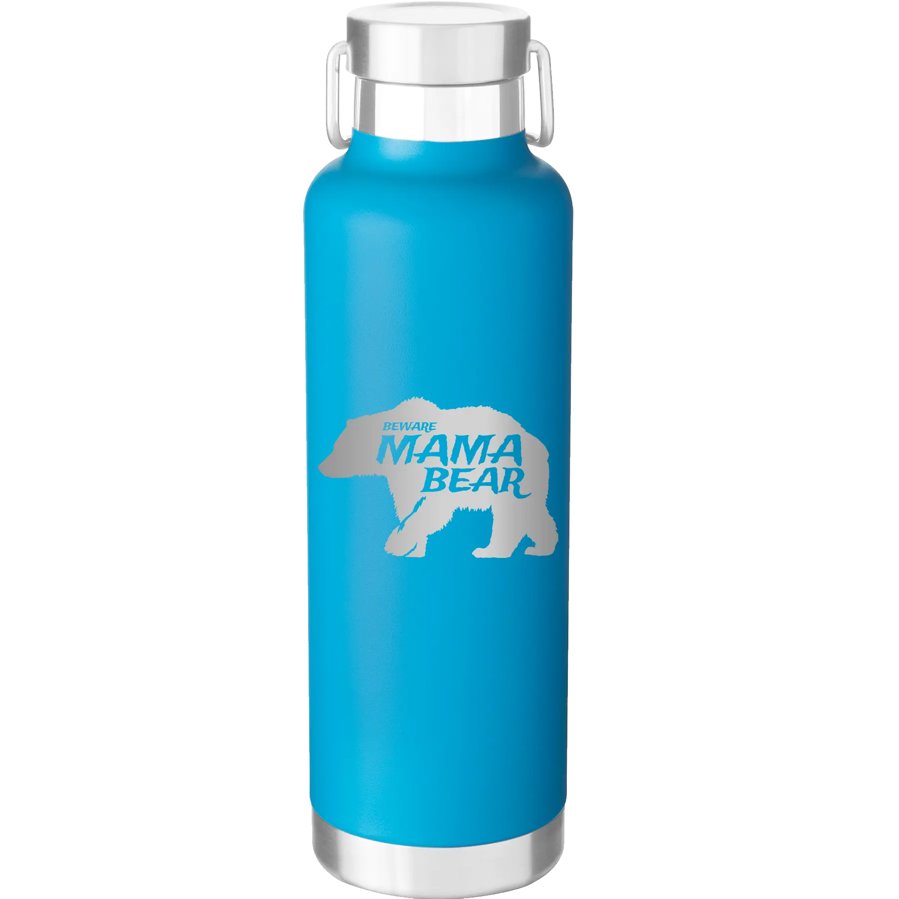 Laser etched aqua 24 oz vacuum insulated water bottle with 'Beware Mama Bear' design