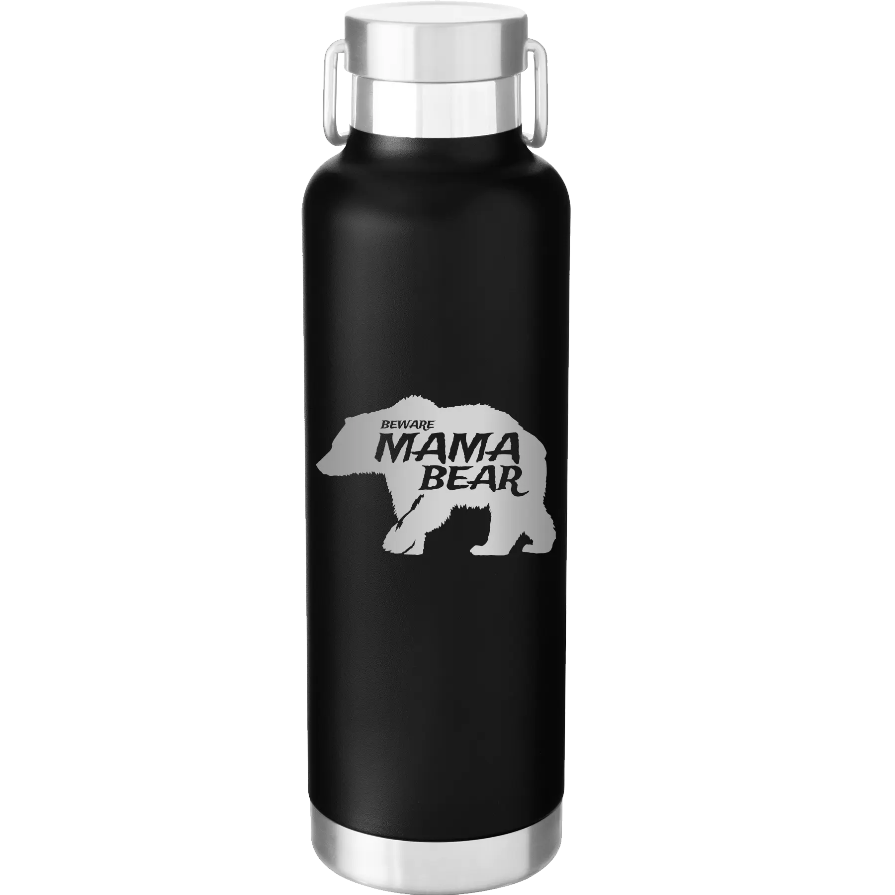 Laser etched black 24 oz vacuum insulated water bottle with 'Beware Mama Bear' design