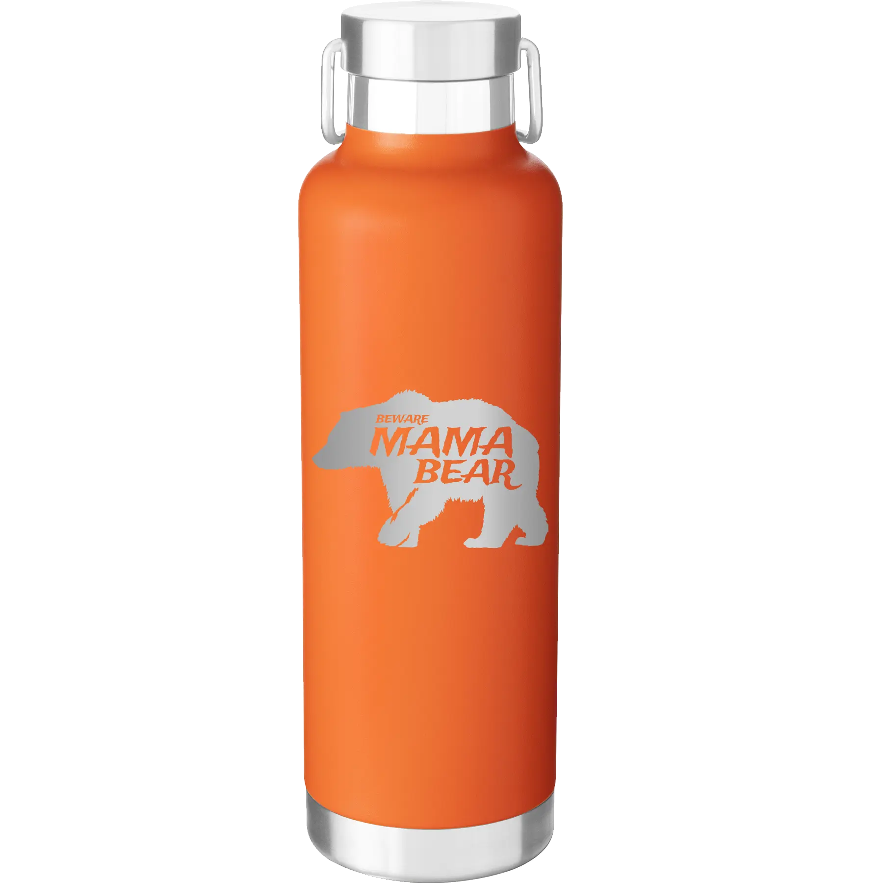 Laser etched orange 24 oz vacuum insulated water bottle with 'Beware Mama Bear' design