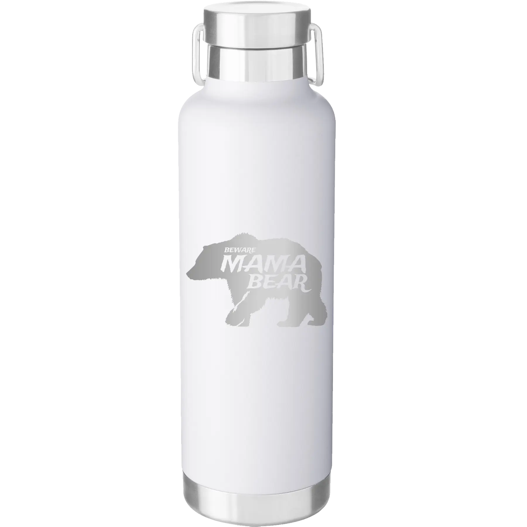 Laser etched white 24 oz vacuum insulated water bottle with 'Beware Mama Bear' design