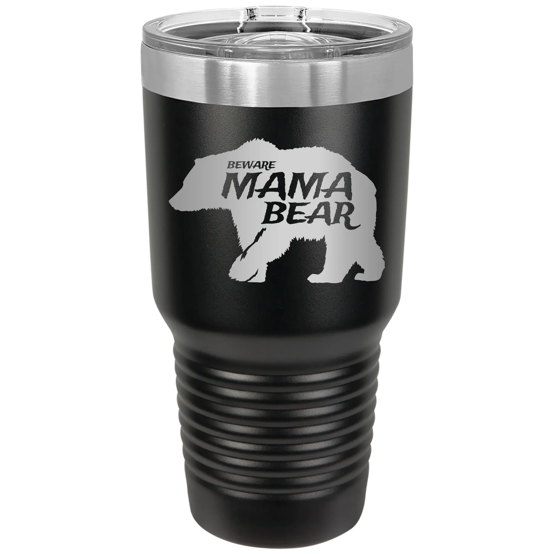 Laser etched black 30 oz vacuum insulated tumbler with 'Beware Mama Bear' design