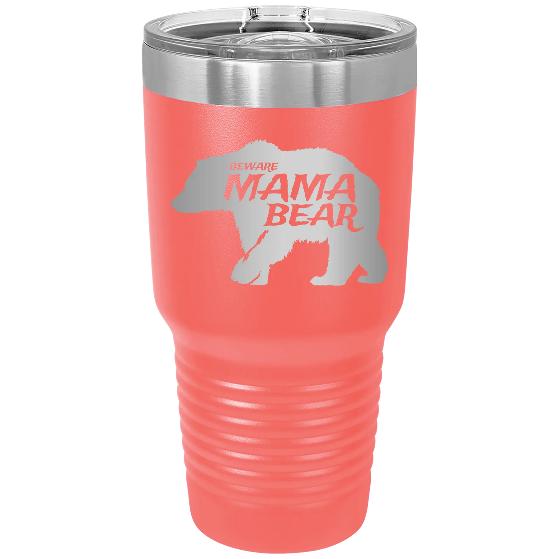 Laser etched coral 30 oz vacuum insulated tumbler with 'Beware Mama Bear' design