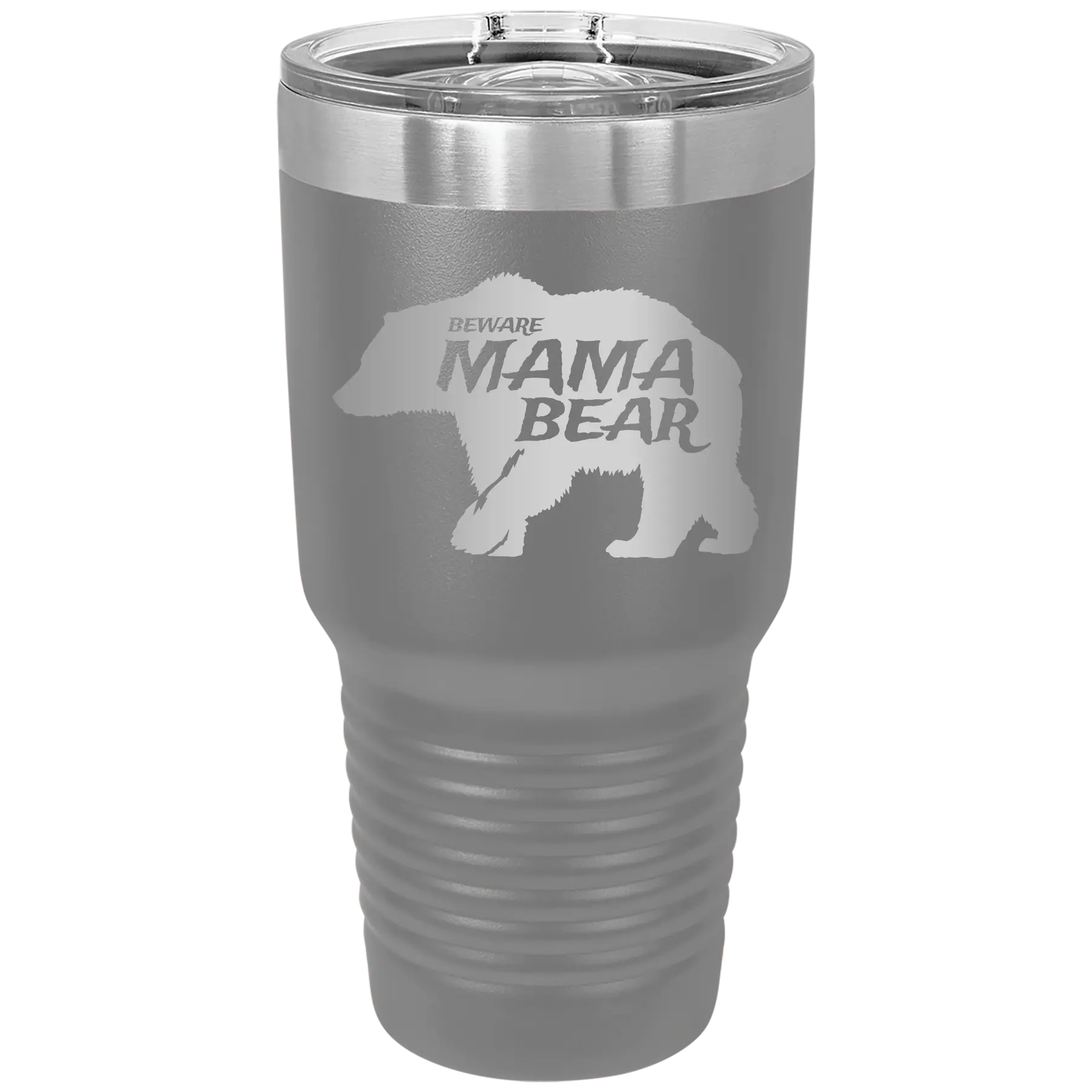 Laser etched dark gray 30 oz vacuum insulated tumbler with 'Beware Mama Bear' design