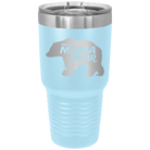 Laser etched light blue 30 oz vacuum insulated tumbler with 'Beware Mama Bear' design