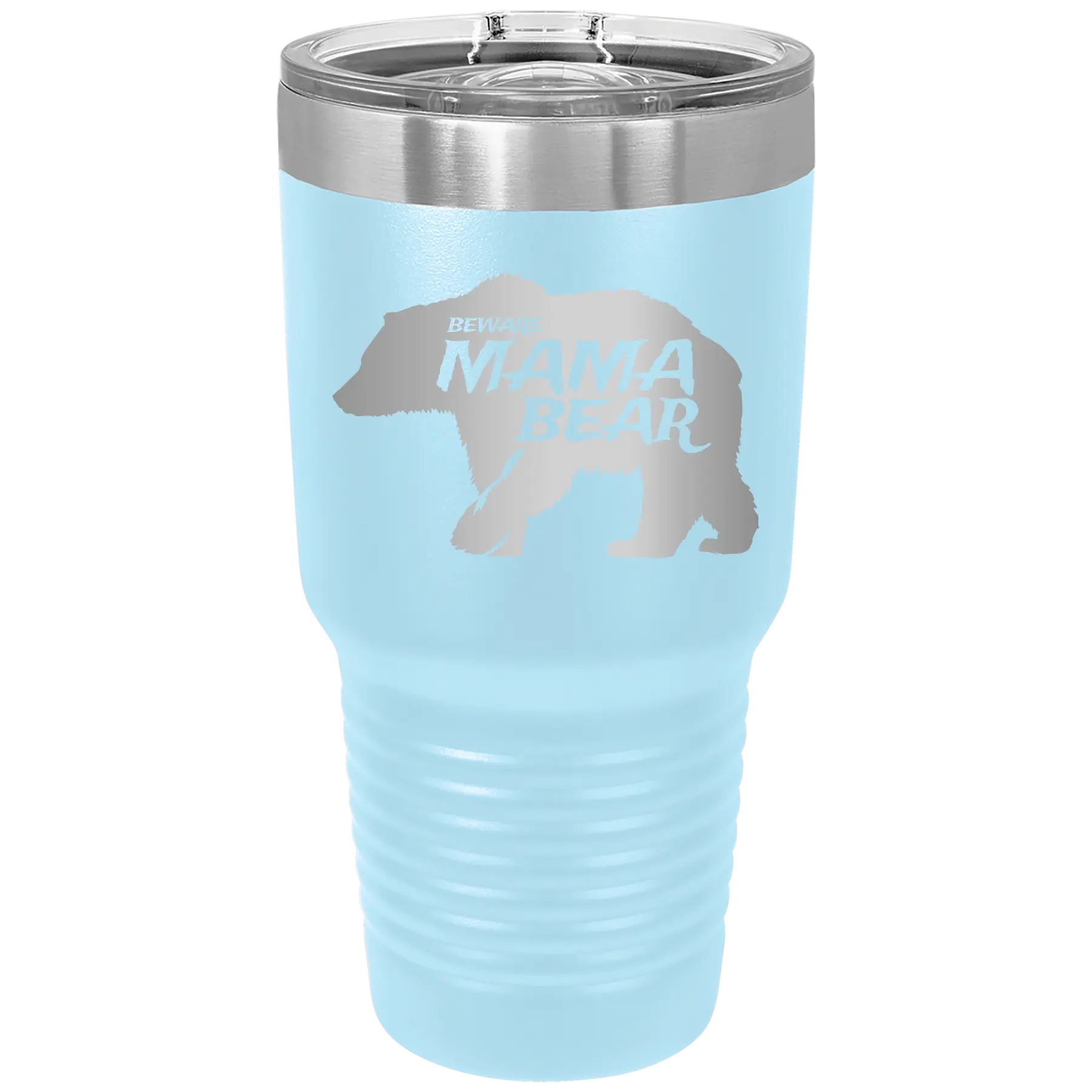Laser etched light blue 30 oz vacuum insulated tumbler with 'Beware Mama Bear' design
