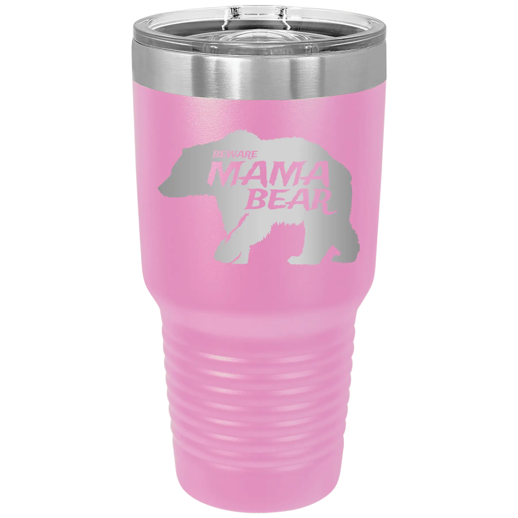 Laser etched light purple 30 oz vacuum insulated tumbler with 'Beware Mama Bear' design