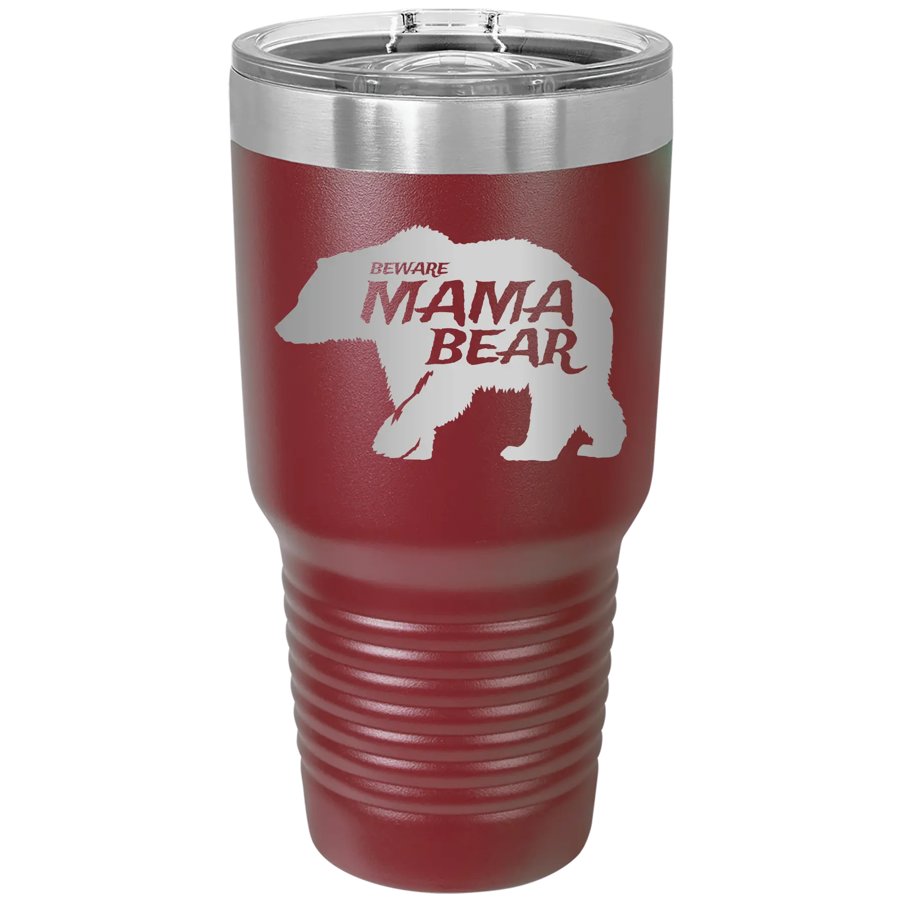 Laser etched maroon 30 oz vacuum insulated tumbler with 'Beware Mama Bear' design