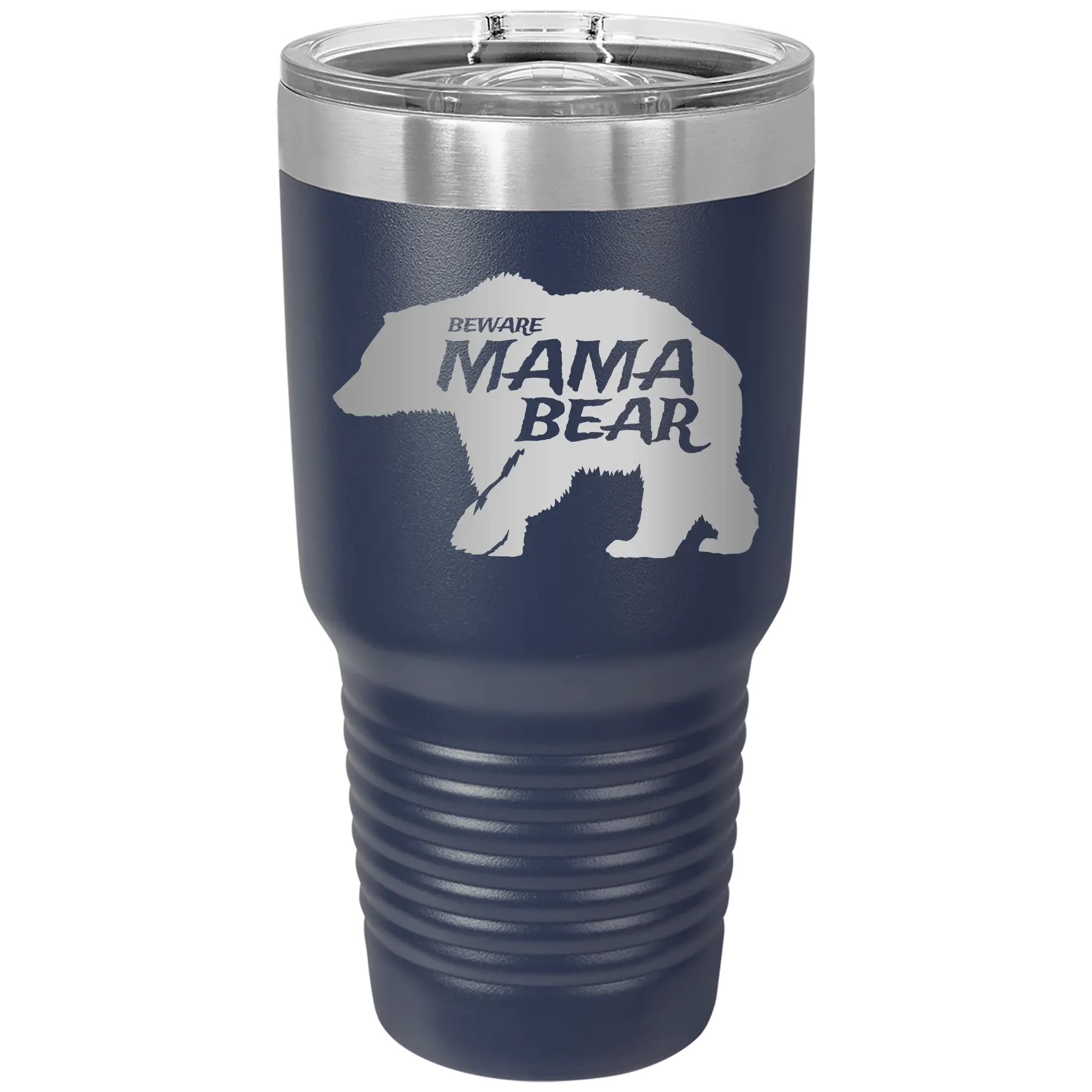 Laser etched navy 30 oz vacuum insulated tumbler with 'Beware Mama Bear' design