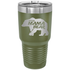 Laser etched olive green 30 oz vacuum insulated tumbler with 'Beware Mama Bear' design