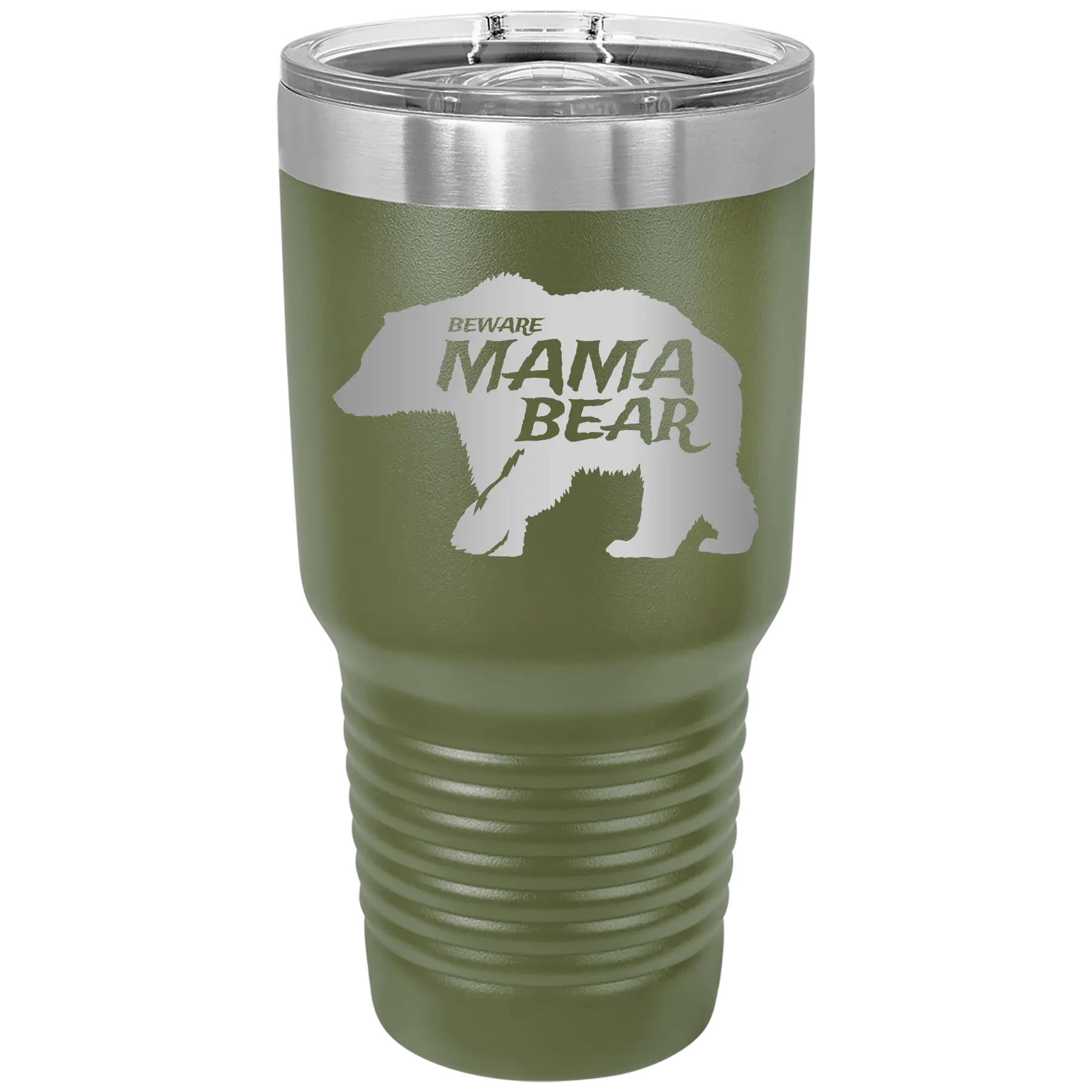Laser etched olive green 30 oz vacuum insulated tumbler with 'Beware Mama Bear' design