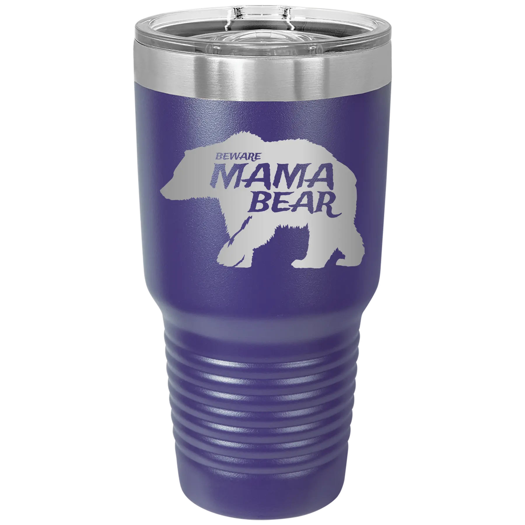 Laser etched purple 30 oz vacuum insulated tumbler with 'Beware Mama Bear' design