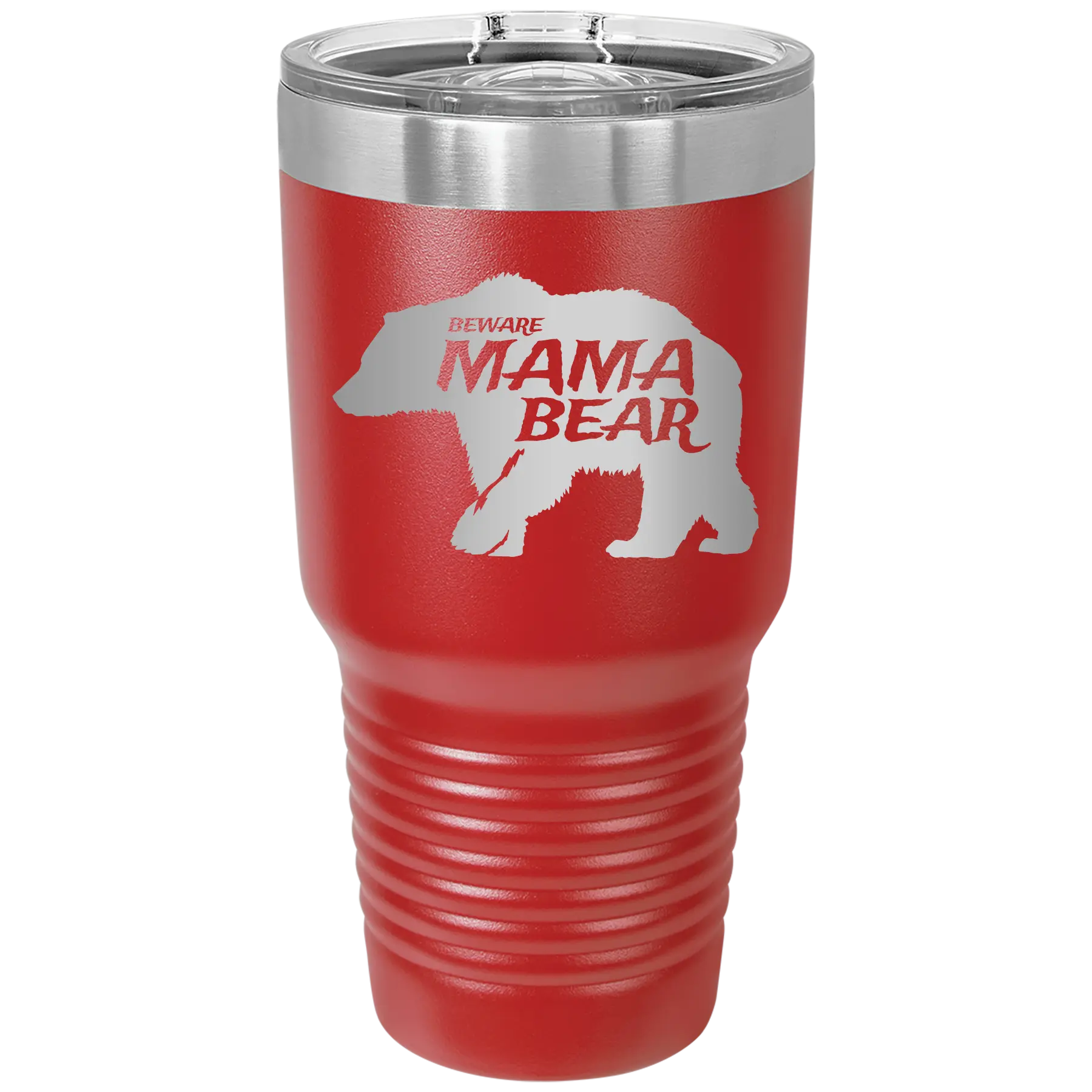 Laser etched red 30 oz vacuum insulated tumbler with 'Beware Mama Bear' design