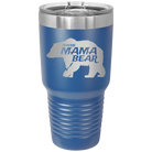 Laser etched royal blue 30 oz vacuum insulated tumbler with 'Beware Mama Bear' design