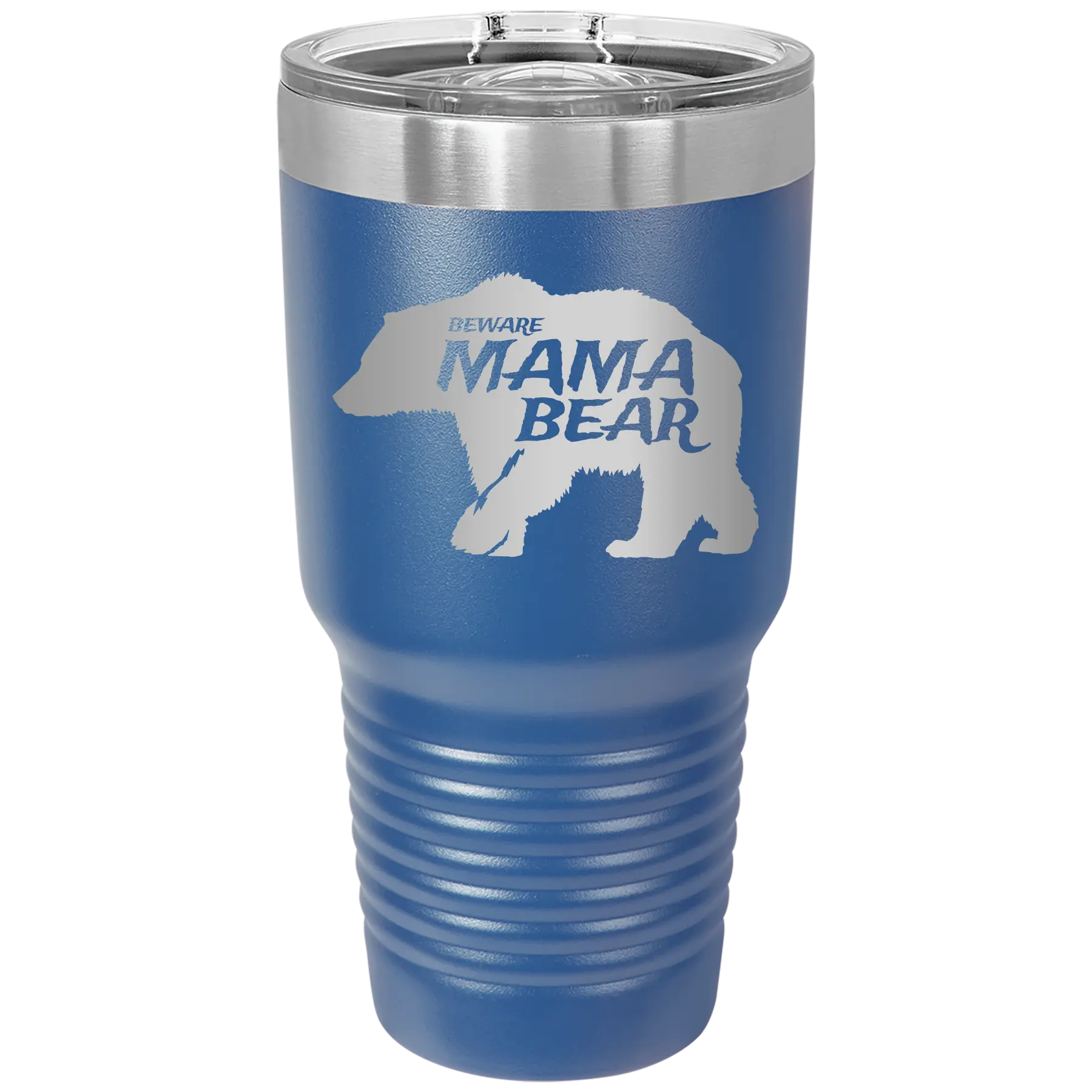 Laser etched royal blue 30 oz vacuum insulated tumbler with 'Beware Mama Bear' design