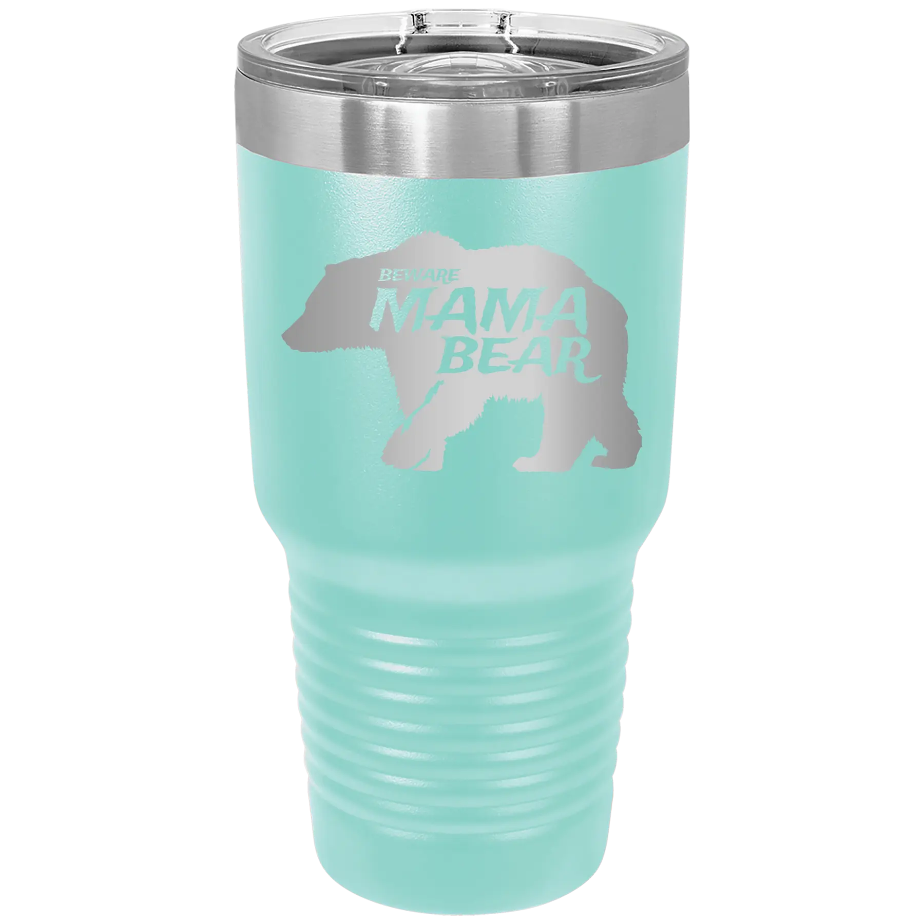 Laser etched teal 30 oz vacuum insulated tumbler with 'Beware Mama Bear' design