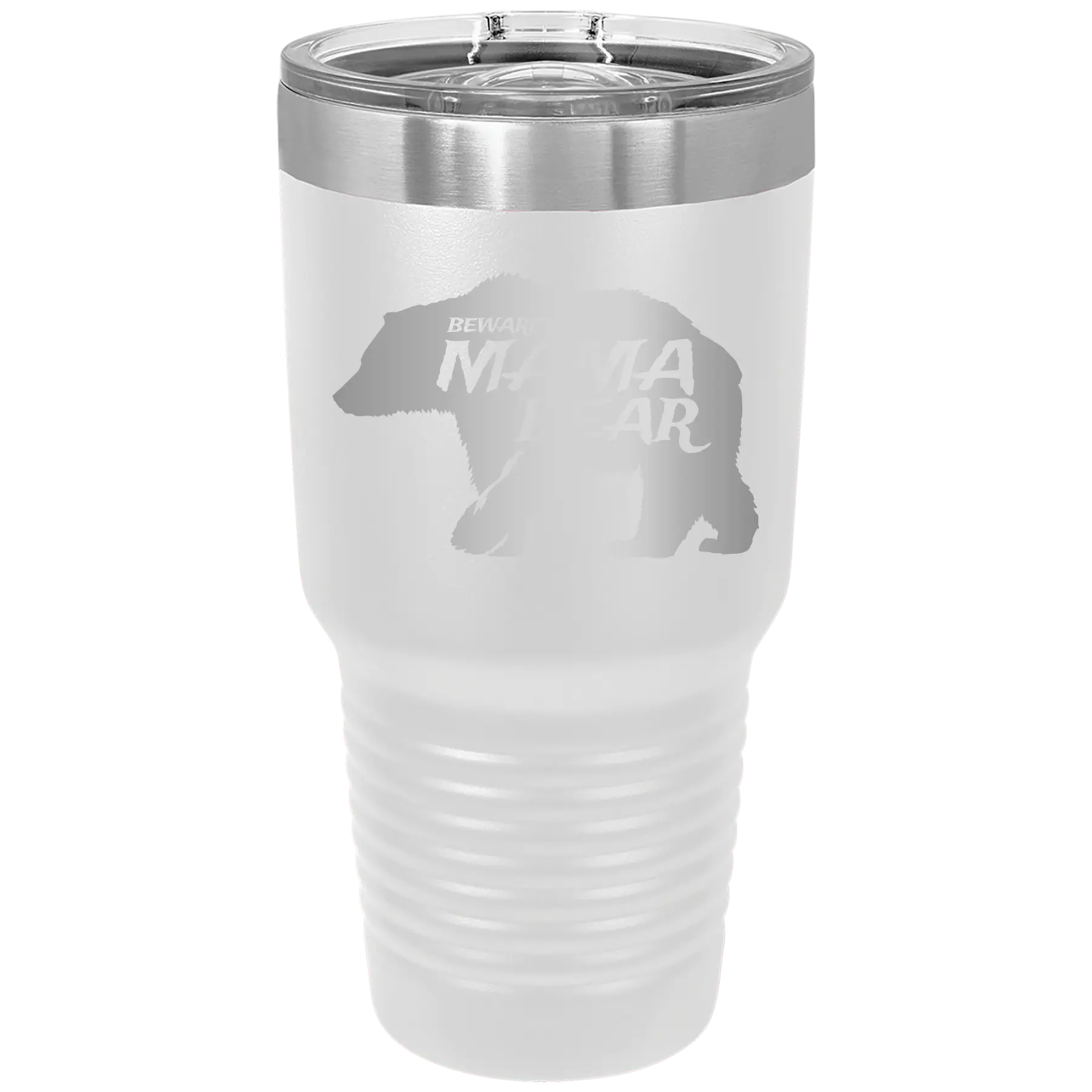 Laser etched white 30 oz vacuum insulated tumbler with 'Beware Mama Bear' design